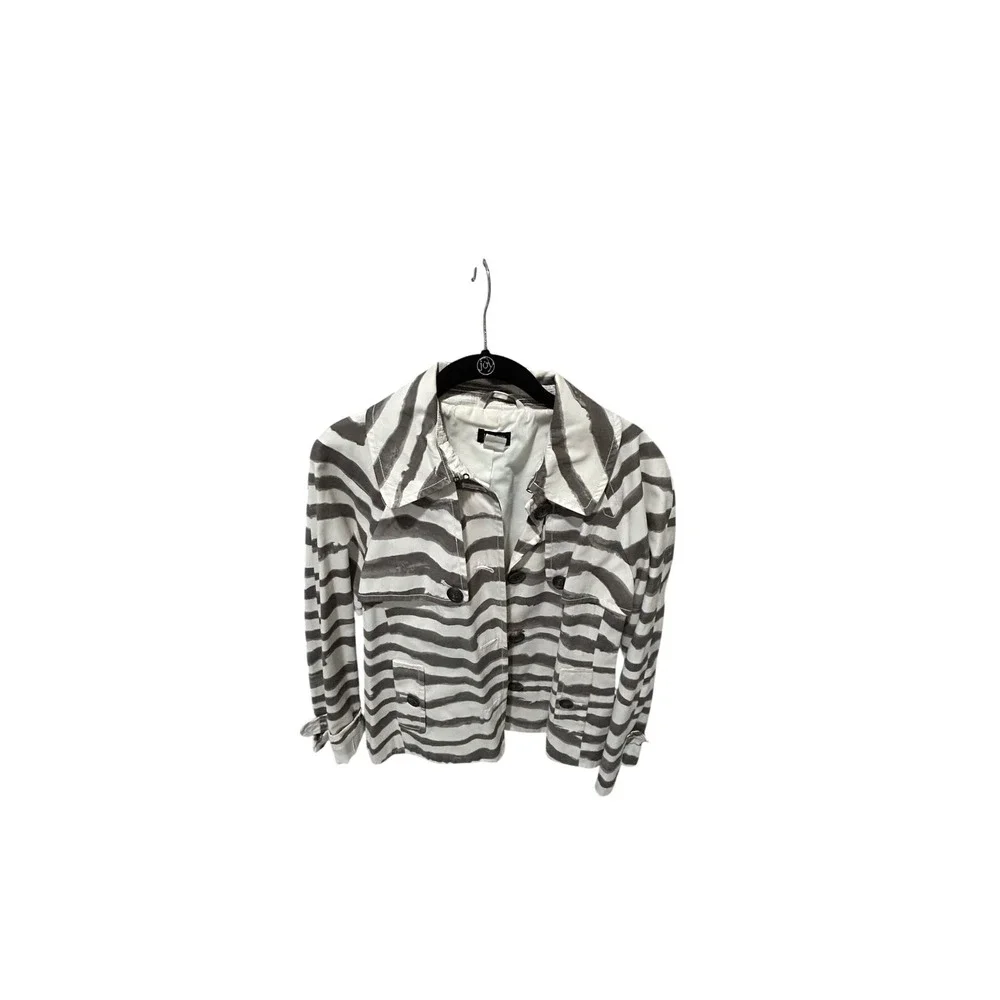 J.Crew Zebra Print Trench Jacket White Grey Button‎ Front Raglan Sleeve Coat